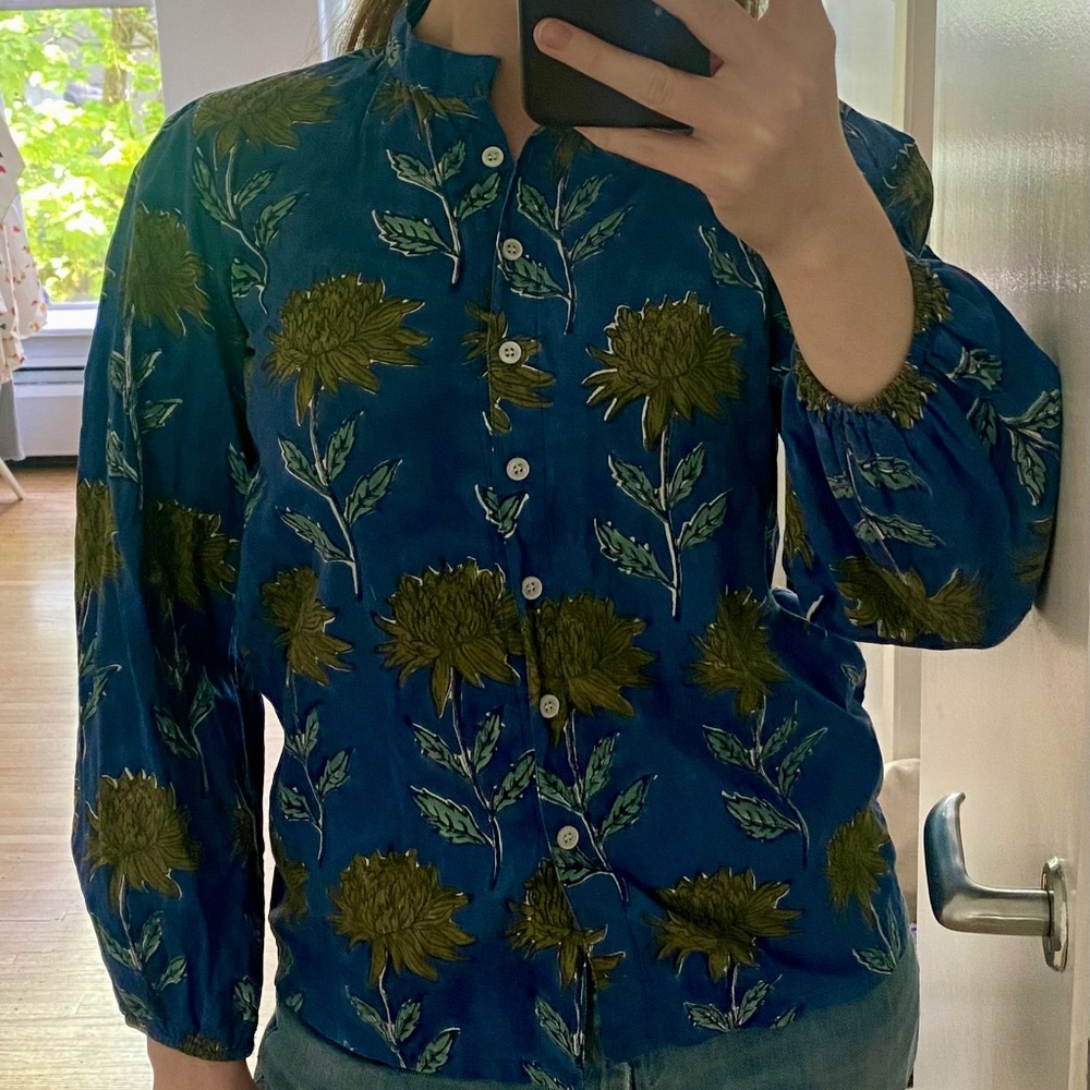 Blue-green floral block print cotton blouse